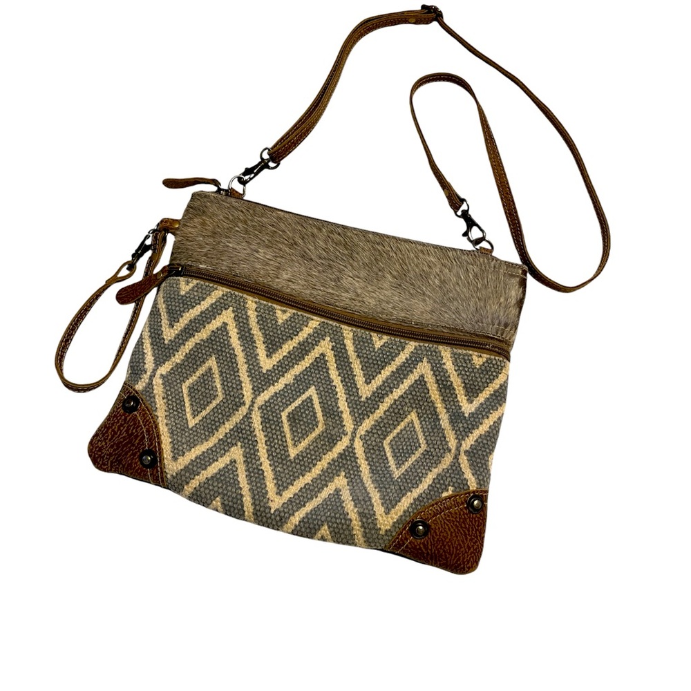 Myra Bag Minute Hairon Crossbody Purse Geometric Print Gray Brown